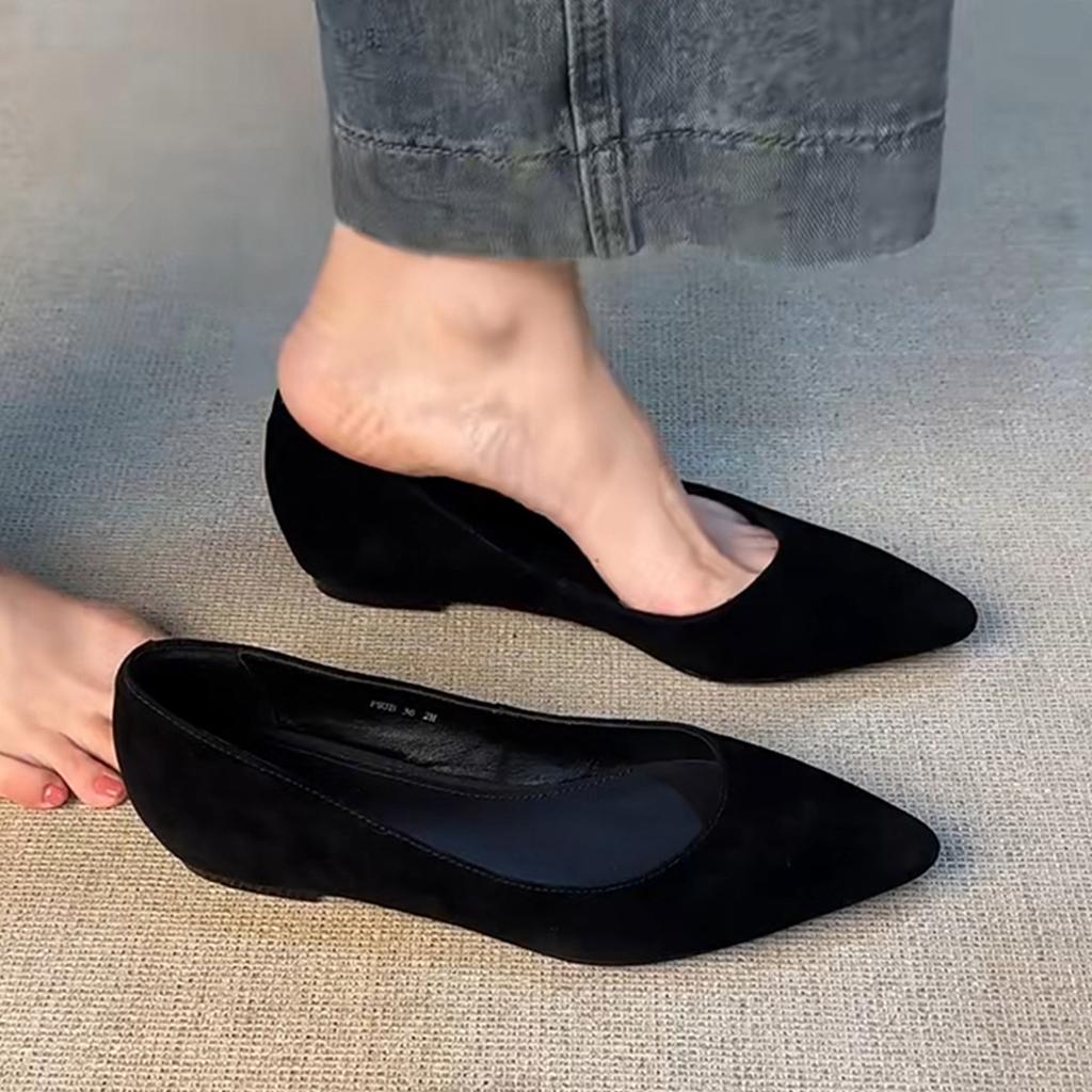 Sheepskin Version~ Leather Suede One-pedal Shallow Mouth Pointed Single Shoes Women's Fashion Retro Inner Height-increasing Commuter Work Shoes