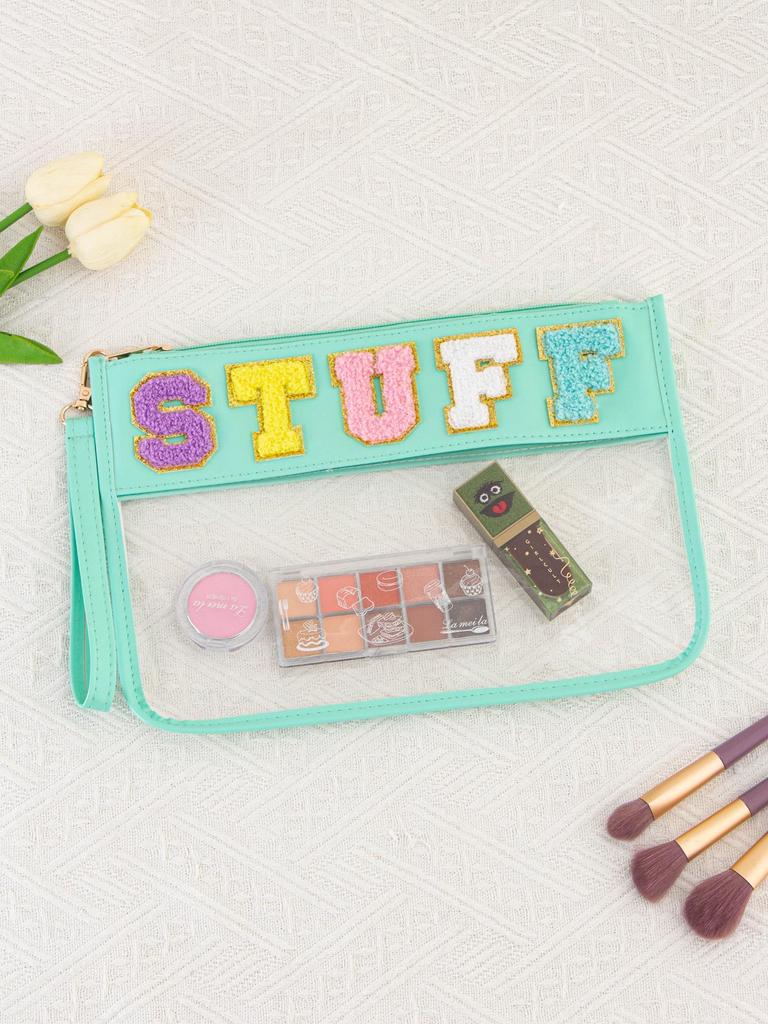 Transparent PVC Zipper Snack Bag with Embroidered Letters - Portable PU Waterproof Makeup and Toiletry Handbag