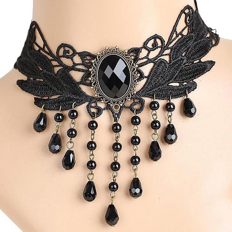 Gothic Black Lace Necklace For Women Girl Boho  Pearl Sexy Lace Choker Punk Dark Lolita Style Halloween Jewelry