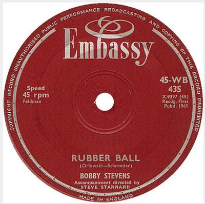7-дюймовая пластинка BOBBY STEVENS - Rubber Ball / You're Sixteen 45WB435 Embassy 1961 UK Pop Б/у