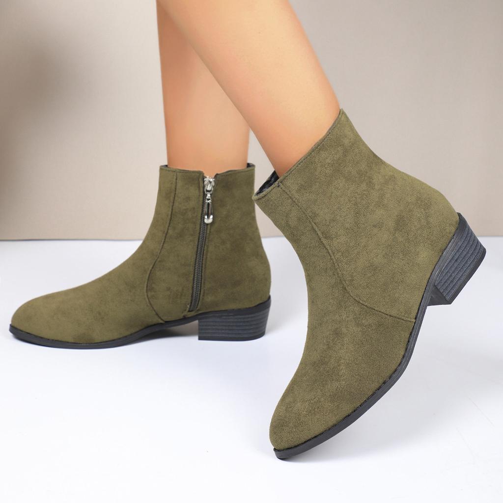 European and American Foreign Trade Side Zipper Thick Heel Suede Martin Boots Women's Cross-border Low Heel Large Size Thin Short Bare Boots