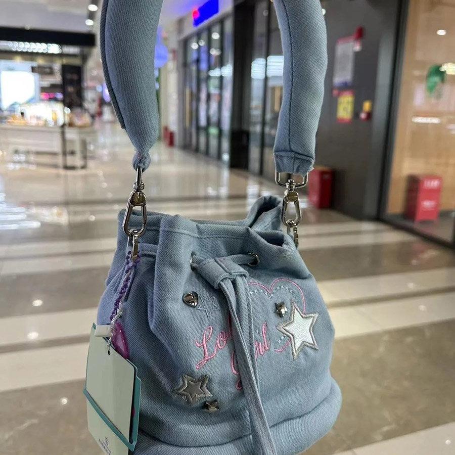 Niche Design Casual Fashion Backpack Denim Bucket Bag Student Universal Drawstring Schoolbag