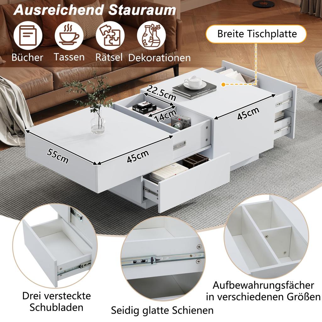 Couchtisch, Moderner Ausziehbar, kreativer Sofatisch Kaffeetisch 4 Schubladen verstecktem Ablagefach, Mitteltisch Wohnzimmer Büro, Weiß