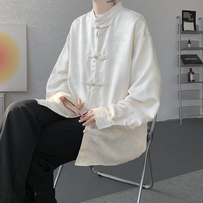 2025 Sleeve Men Long Autumn Shirt Men Chinese Style Buckle Shirts Male Loose Tang Suit Shirt Summer Black White Shirts