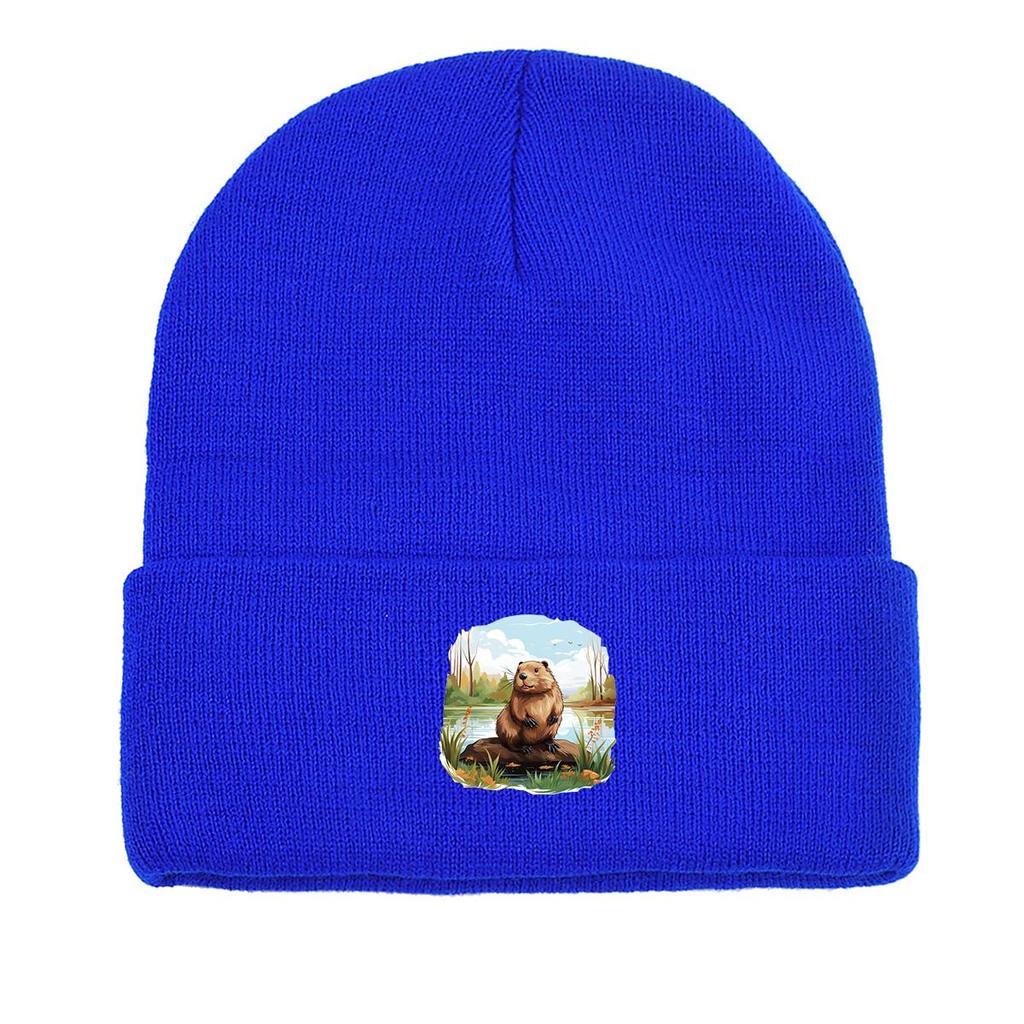 Hamster River Warm Knitted Hat Beanie, Animal Woman Cap Cozy Stretchy Leisure Gorro Knitted Cap Beanie