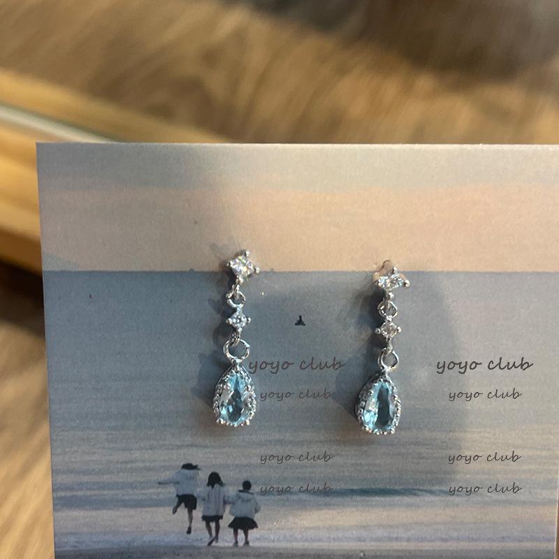 Серьги-пусеты с цирконом цвета «озеро голубой» в форме капли воды для женщин, изысканные, серебристого цвета, с блестящими кристаллами, милые, для вечеринок, ювелирные подарки