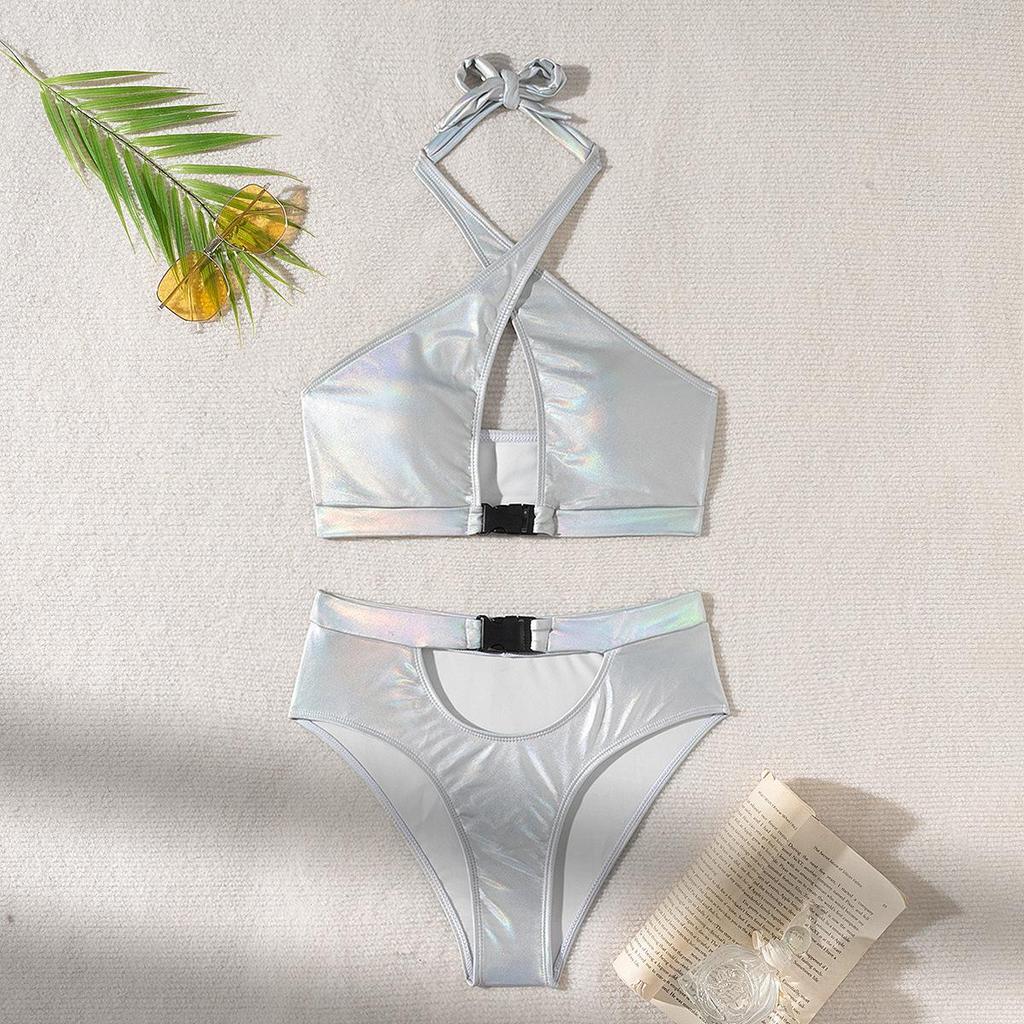 Women Sexy Backless Triangle Split Bikini Suit Set Summer Tie Side G-String Thong Swimsuit Halter Elastic Bikini