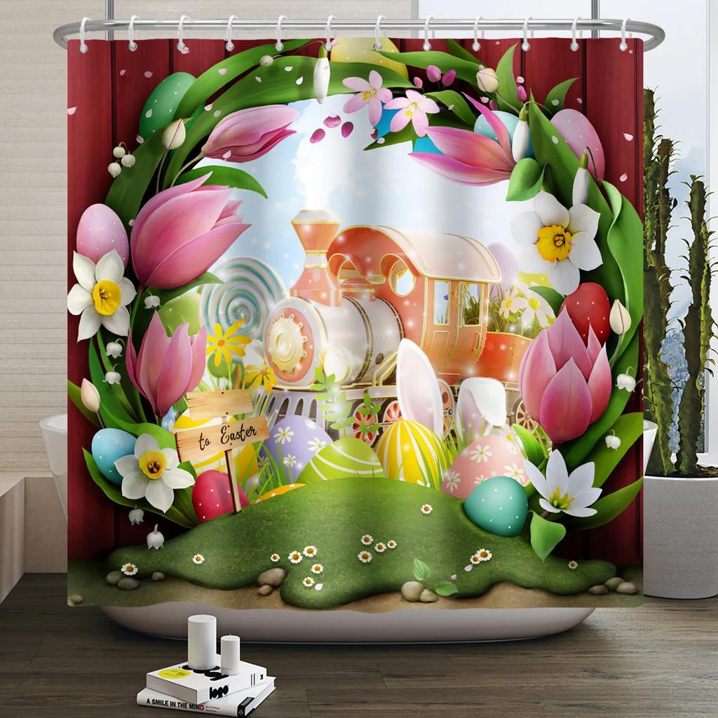 Весенняя Пасхальная Занавеска для душа Счастливый Кролик Кролик Яйца Цветочный Сад Цветочный Праздничный Водонепроницаемая Занавеска для душа для ванной комнаты с крючками