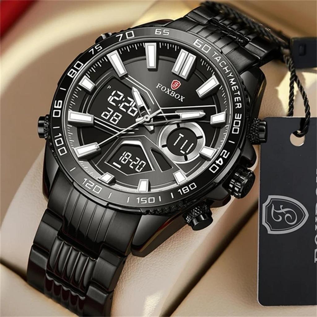 FOXBOX Sport Watches for Men Top Brand Luxury Dual Display Stainless Steel Band Waterproof Luminous Quartz Wristwatch+Box