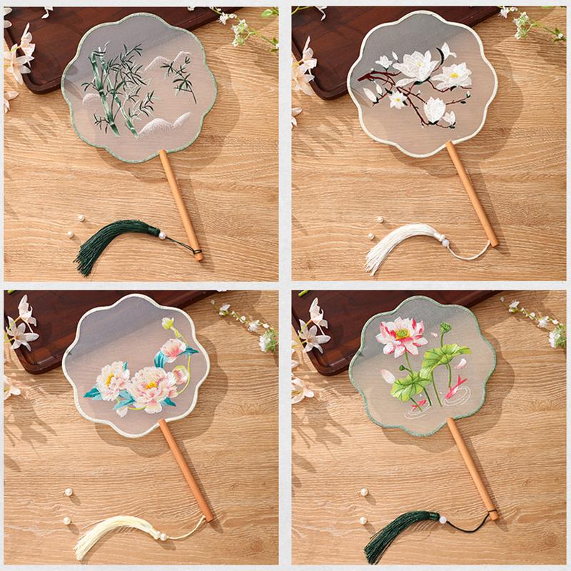 Китайский веер Полупрозрачный с длинной ручкой и кисточкой Танцевальный веер Женский костюм Ханфу Ципао Вышивка Маленький круглый веер