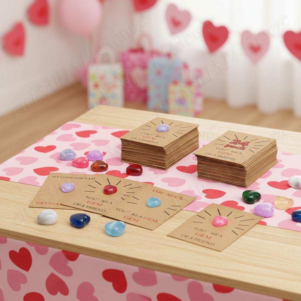 24 Pcs Valentines Gift Cards with Heart-Shape Crystal Gems Valentine Exchange Card for Boys & Girls Classroom School Party Favor