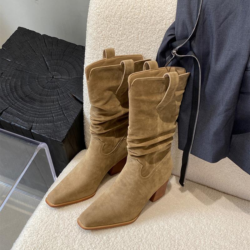 Модные винтажные замшевые женские ковбойские сапоги модные туфли без застежек осень-зима толстый каблук женские полусапожки до середины голени