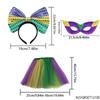 PESENAR Mardi Gras Sequin Costume Set Headband Mask Tutu Skirt Party Accessory
