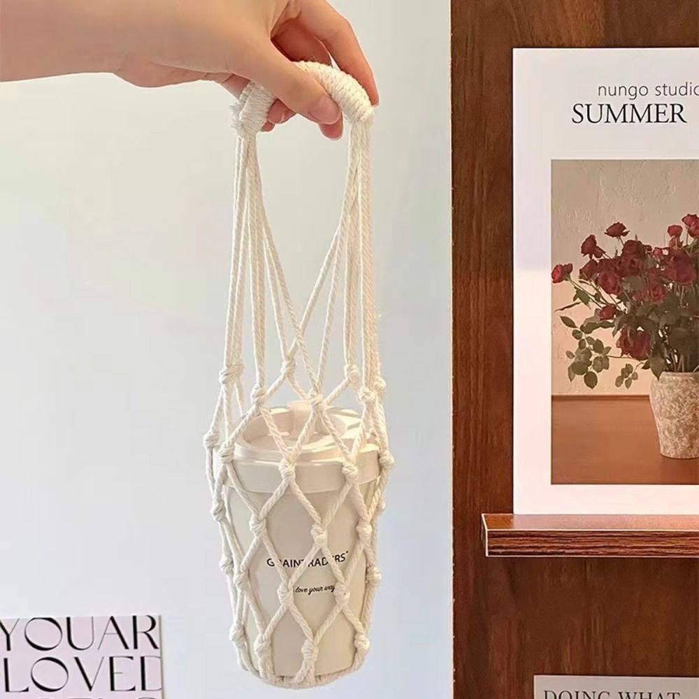 2Pcs Woven Water Bottle Bags Hollow Out Water Cup Mesh Bag Crochet Cup Holder  For Outdoor Carrying