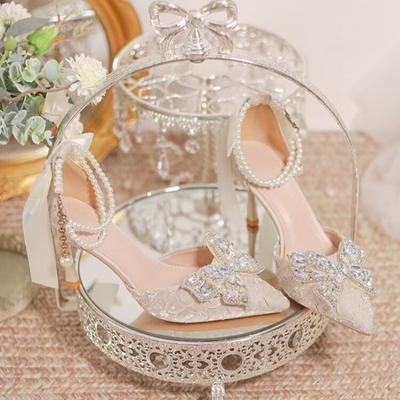 Модная осенняя новая обувь на толстом каблуке, женские туфли-лодочки с острым носком и неглубоким вырезом, украшенные бантом-бабочкой и бусинами, нескользящие туфли с низким верхом