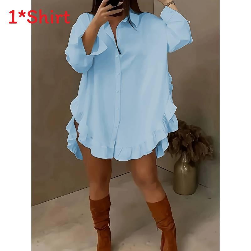 Pure Color Loose Fit Shirt With Ruffle Hem And Long Sleeves For Summer Casual Wear