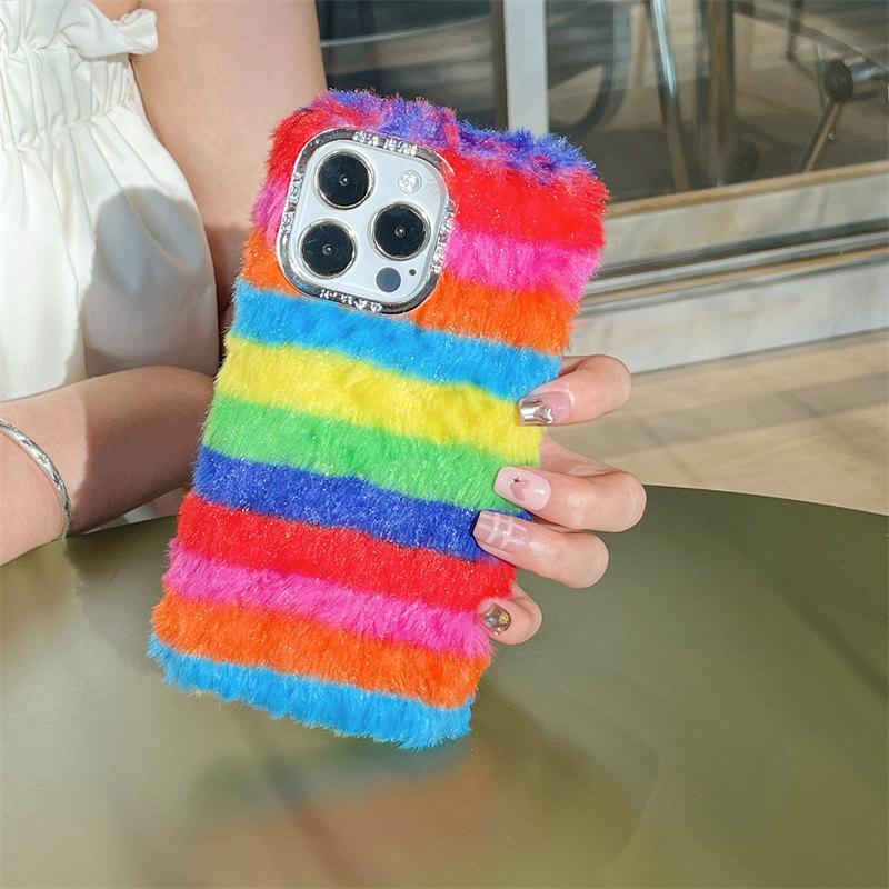 Зимний плюшевый Радужный чехол для iPhone 15, 14, 13, 12, 11 Pro Max XR XS XS Max 7 8Plus SE 2020, защитные чехлы от падения