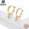 Bisaer 925 Sterling Silver Exquisite Charming French Gold-plated Pearl Zircon Hoop Earrings for Women Fine Jewelry