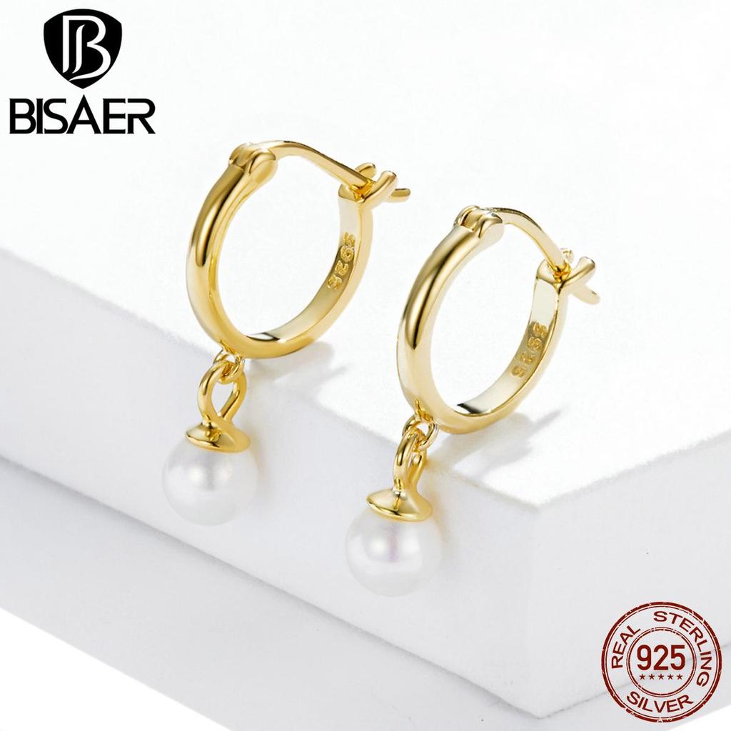 Bisaer 925 Sterling Silver Exquisite Charming French Gold-plated Pearl Zircon Hoop Earrings for Women Fine Jewelry