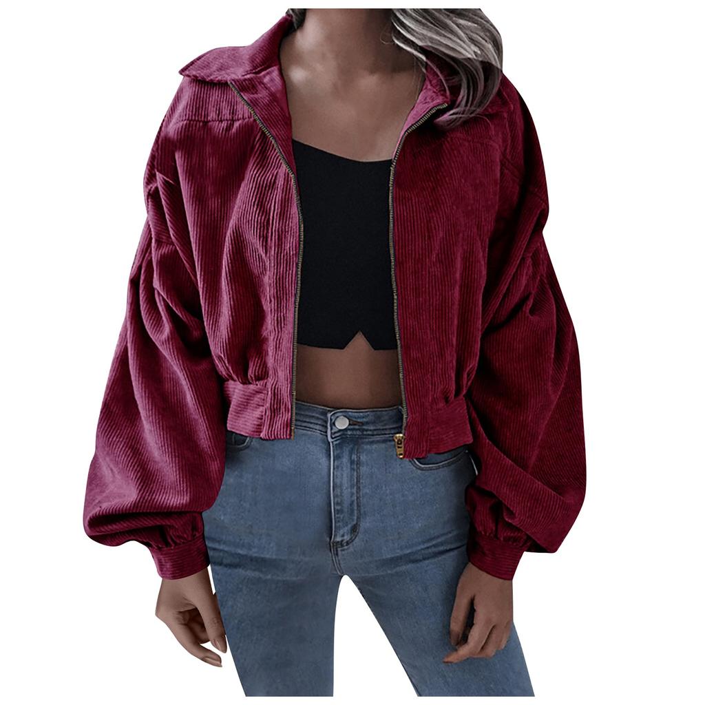Женская осенне-зимняя вельветовая однотонная куртка на молнии с длинными рукавами и лацканами