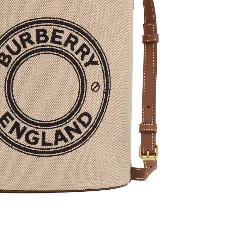 Burberry Logo Embroidered Canvas Bucket Bag, Luxury Beige Leather Trim Crossbody Handbag for Women, Daily Commute & Casual Outing 81214551