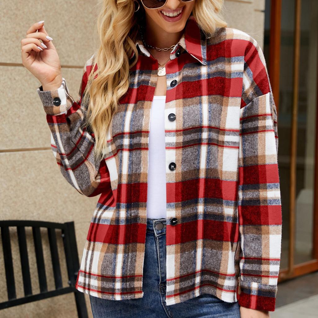 Модные женские повседневные топы в клетку с длинным рукавом и воротником-стойкой, пальто