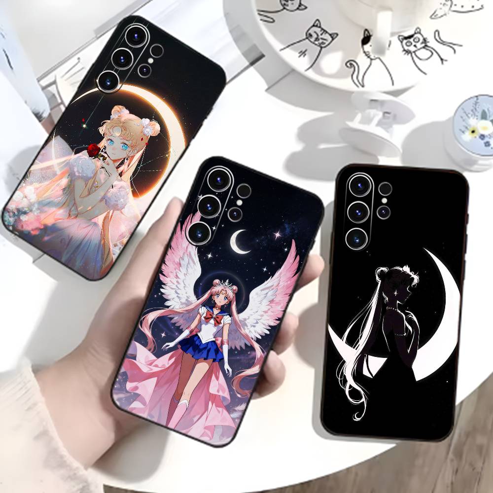 Мультяшный чехол для телефона S-Sailor M-Moon для Samsung S26, S25, S24, S23, S22, S30, S21, Ultra, Plus, FE 5G, Черный, Мягкая крышка