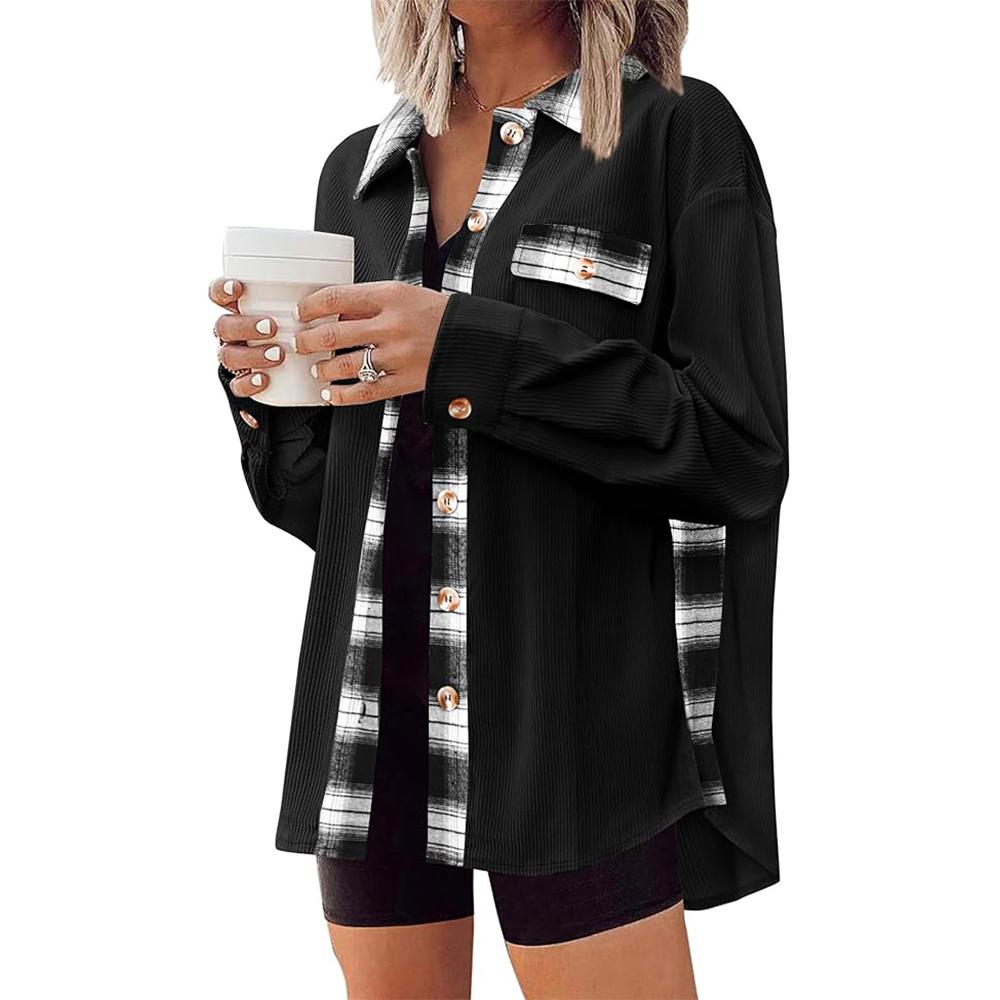 Женская вельветовая фланелевая куртка-жакет, повседневные клетчатые рубашки на пуговицах, осенние топы с длинным рукавом и карманами