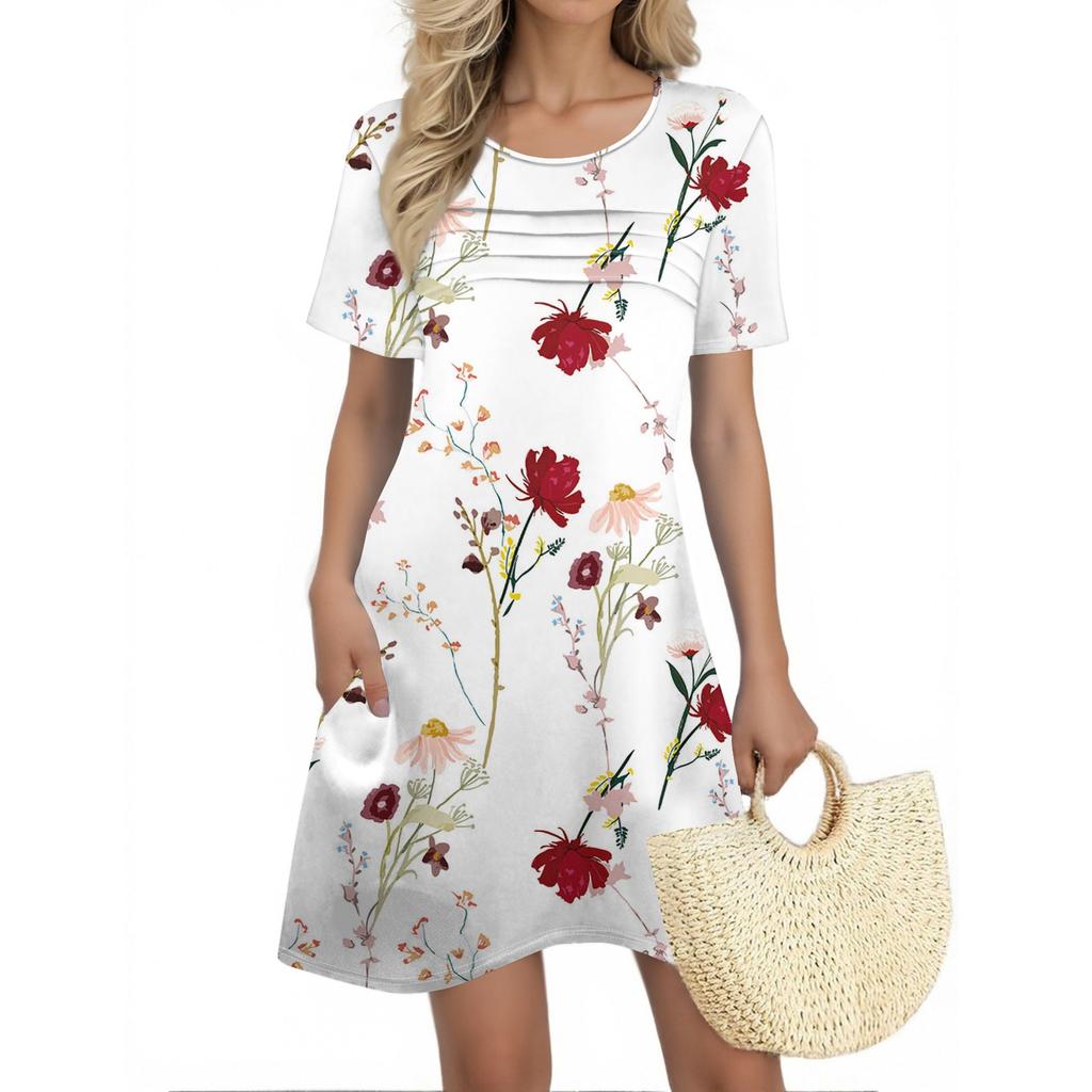 Женские летние платья Женские летние платья с цветочным принтом Повседневные платья с коротким рукавом и круглыми карманами