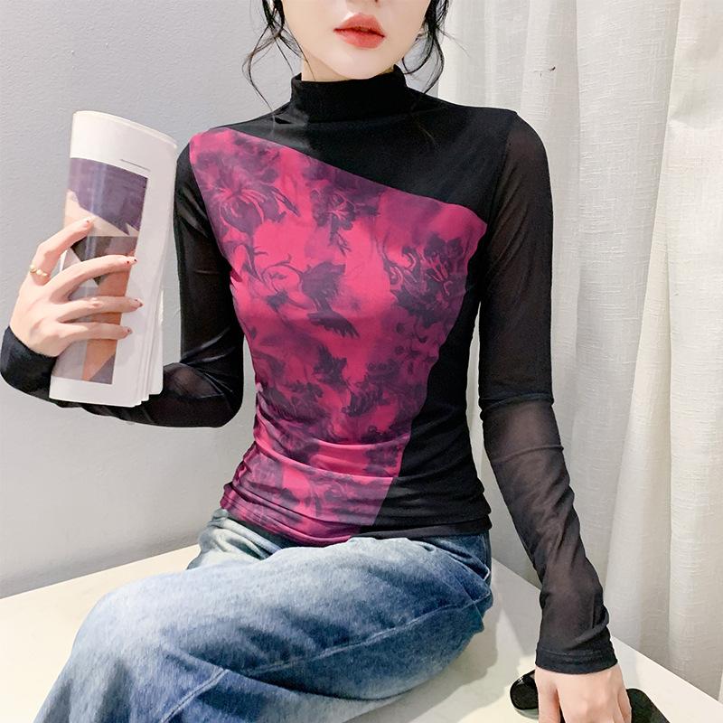 Футболка в корейском стиле с принтом для женщин, с длинными рукавами, зимняя, новая, с полувысоким воротом, сетчатая рубашка, облегающая