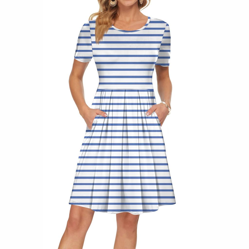 Женское платье с коротким рукавом, плиссированное, свободное, повседневное платье с карманами, платья длиной до колена