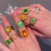 Stainless Steel Colorful Stone Opening Rings for Women Men Retro Classic Wide Gold Color Joint Rings Banquet Jewelry Accessories