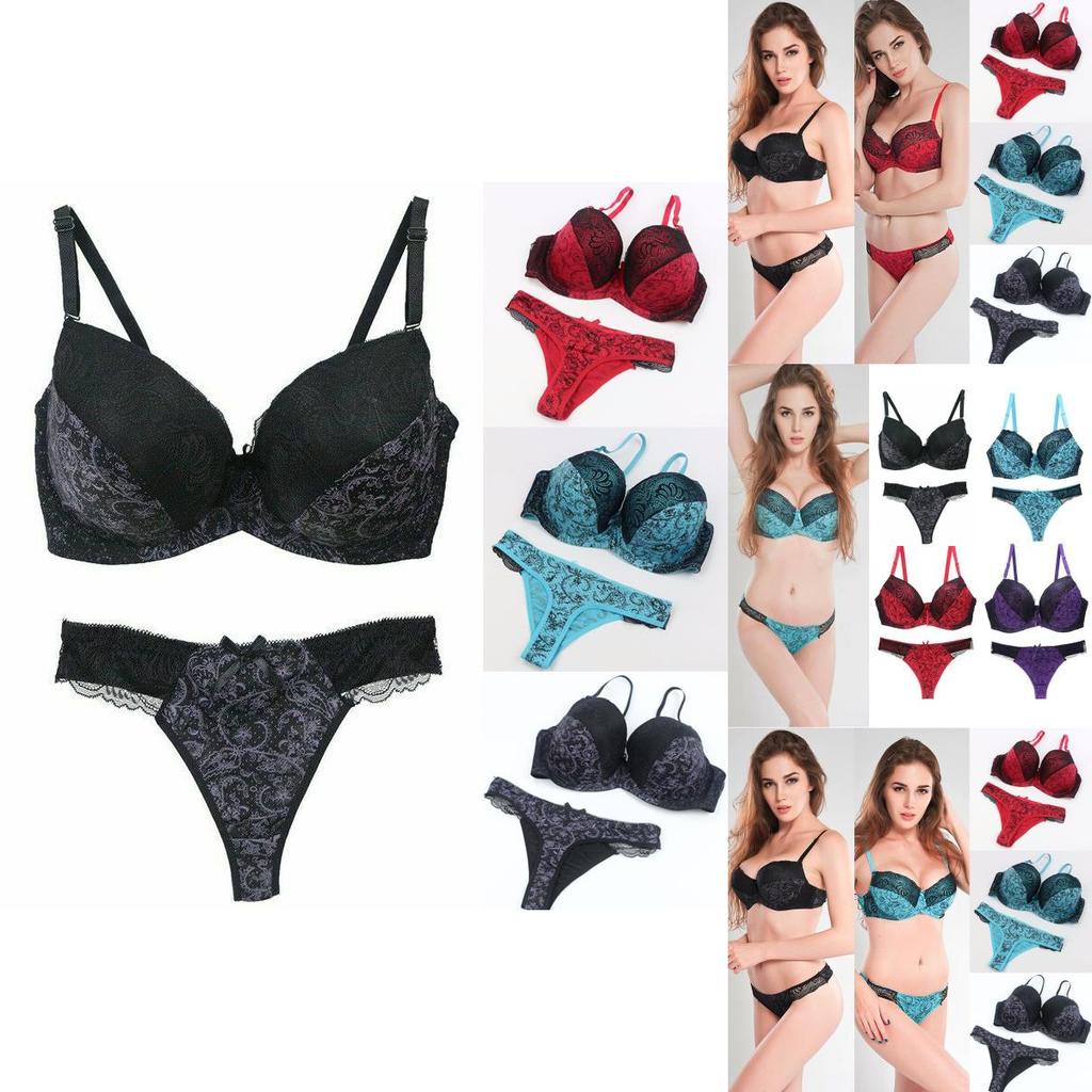 Flower Lace Womens Padded Bra Plunge Set Ladies Underwear Panties Sets Up Push