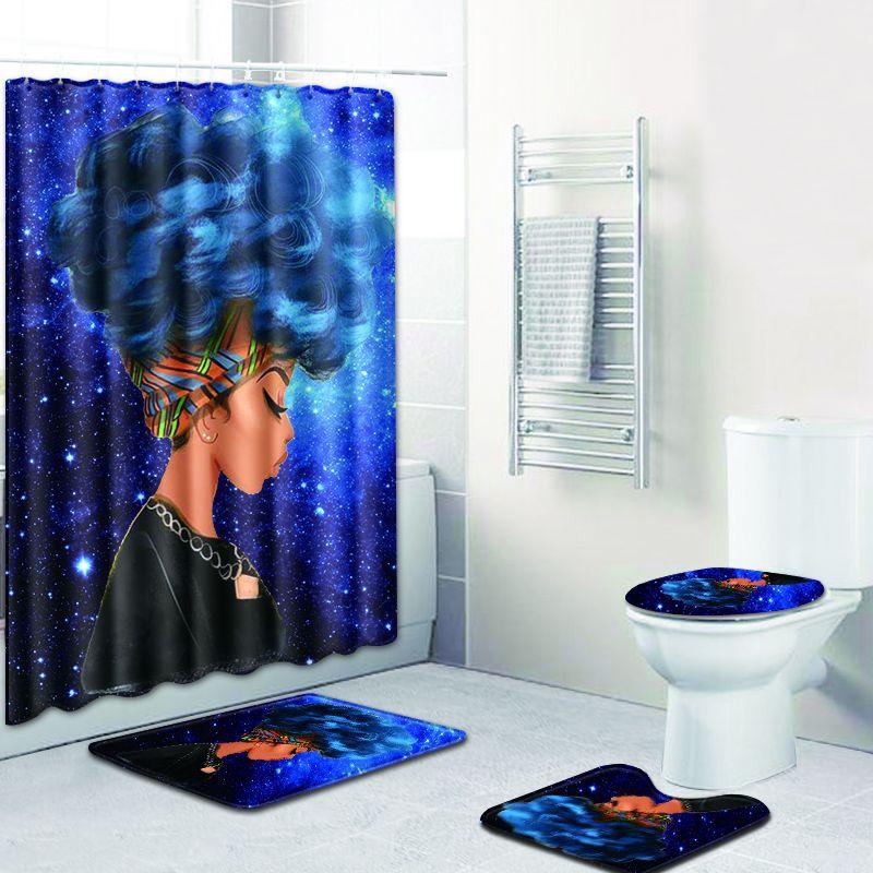 African Woman Digital Printing Creative Shower Curtain Floor Mat Set Bathroom Carpet