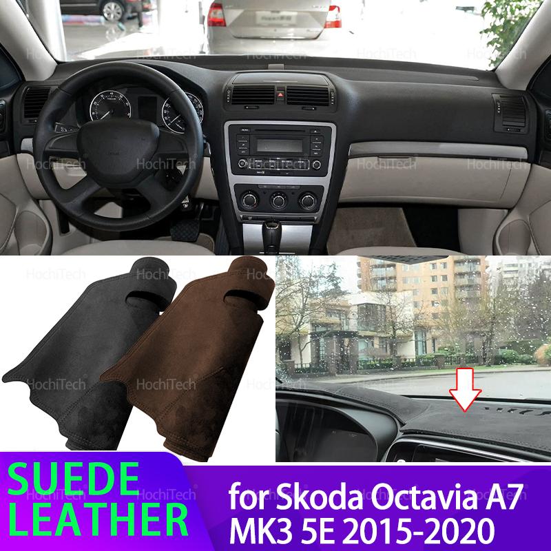 Suede Leather Dashmat for Skoda Octavia A7 MK3 5E 2015- Black/Brown Dashboard Cover Sun Shade Carpet Non-slip Pad Accessorie