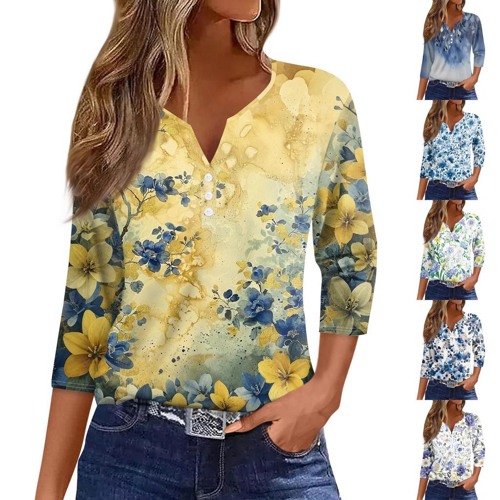 Women's T Shirt Print Button 3/4 Sleeve Daily Weekend Fashion Basic V- Neck Regular Top