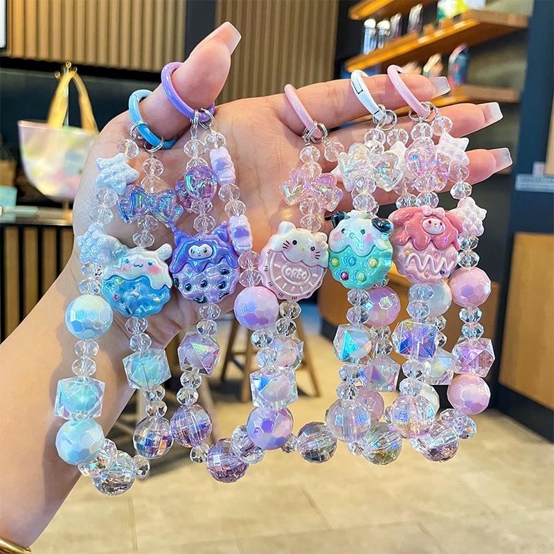 Милая телефонная цепочка Sanrio Hello Kitty с картой Kuromi Cinnamoroll My Melody, брелок с бусинами, бантик, ремешок на запястье против потери, украшение для сумки
