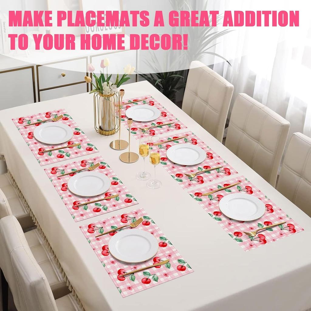 Pink Cherry Spring Flower Placemats Set of 6,12x18 Inch Linen Place Mat Washable Stain Resistant Table Mats