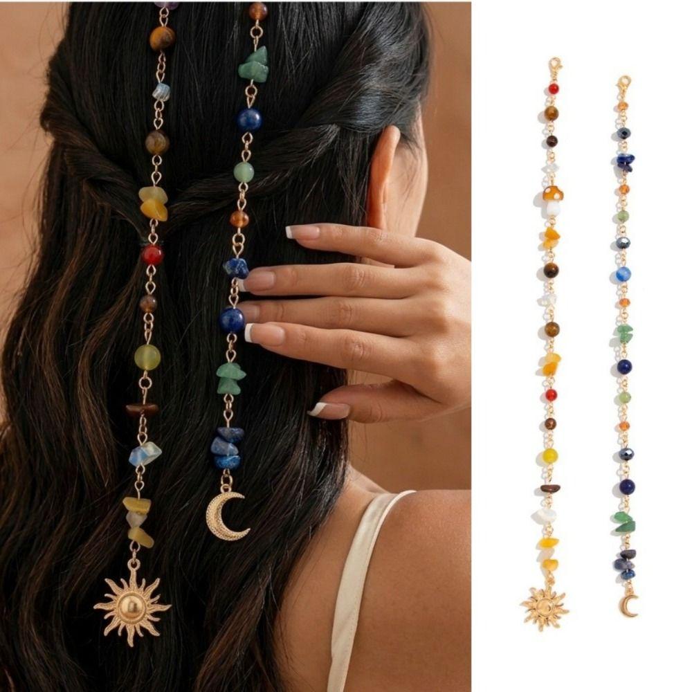 2Pcs Bohemian Long Tassel Chain Headdress Dirty Braids Multicolored Stone Bead Hair Additions Decor