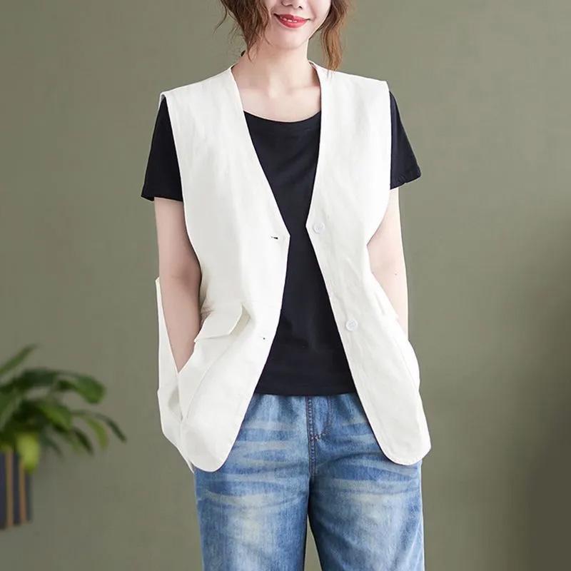 Женский жилет Хлопковые топы без рукавов Однотонный Оверсайз Повседневный V-образный вырез Жилет Куртка