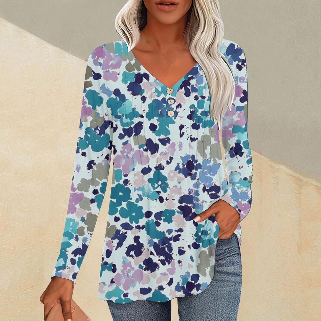 Женская модная повседневная плиссированная футболка с V-образным вырезом и растительным принтом, длинный рукав