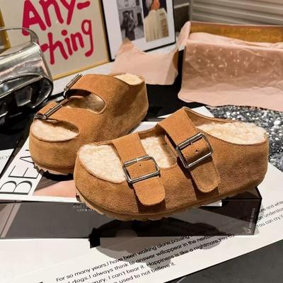 Модные замшевые женские меховые тапочки на платформе 2025 Осень Модные туфли с пряжкой Дизайнерские слинги Новые тренды Туфли-слинги Повседневные Zapatos