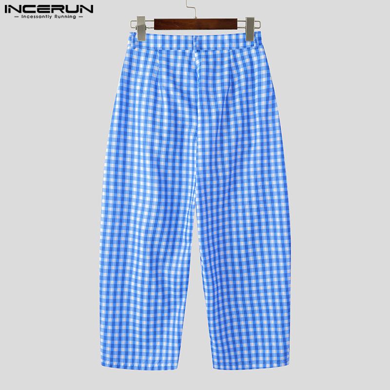 INCERUN Men Casual Loose Zip-up Waist Plaid Nonelastic Wide Legs Pants Long Trousers