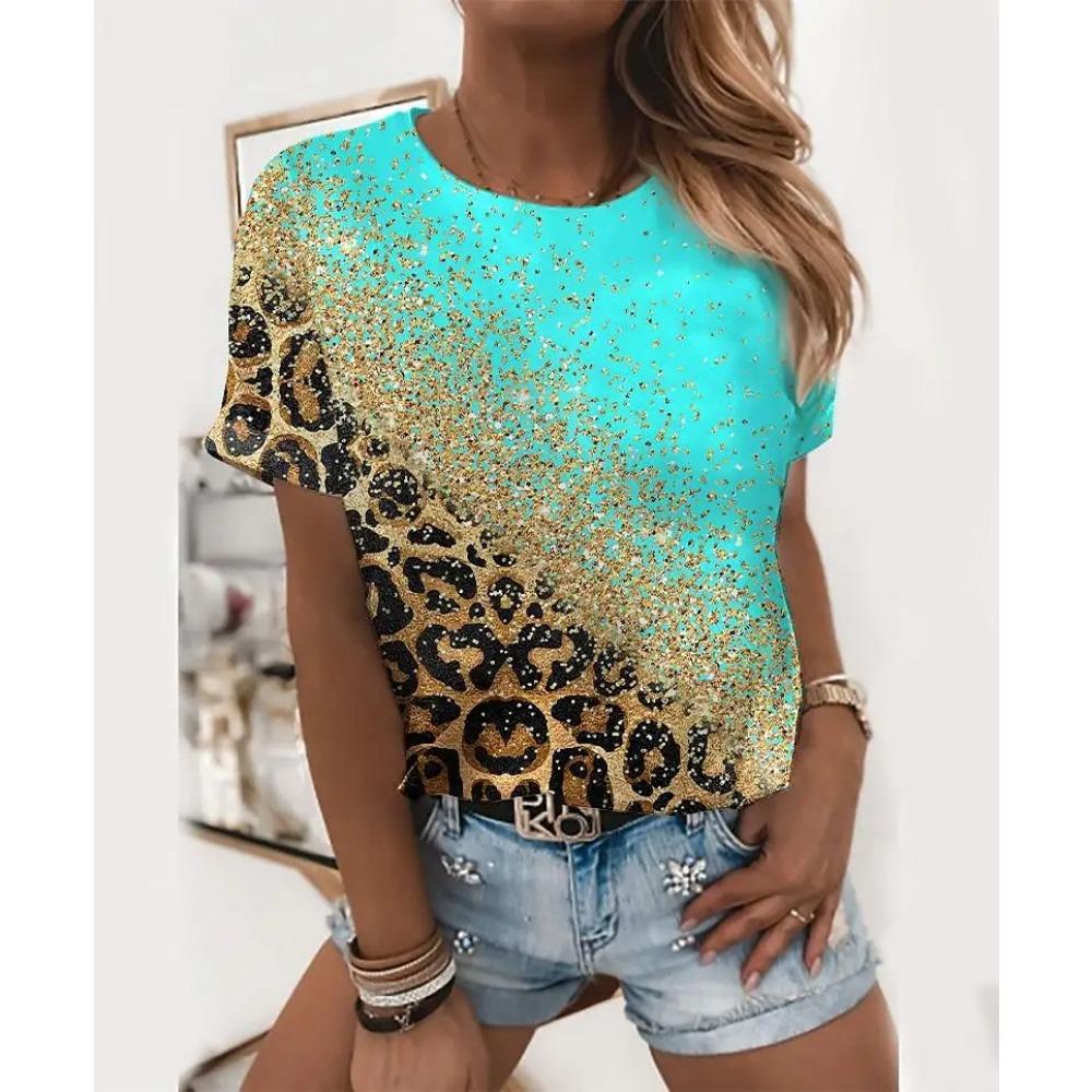 Летняя женская футболка с леопардовым принтом, модные топы с круглым вырезом, футболки, женская повседневная одежда с коротким рукавом, женская винтажная одежда