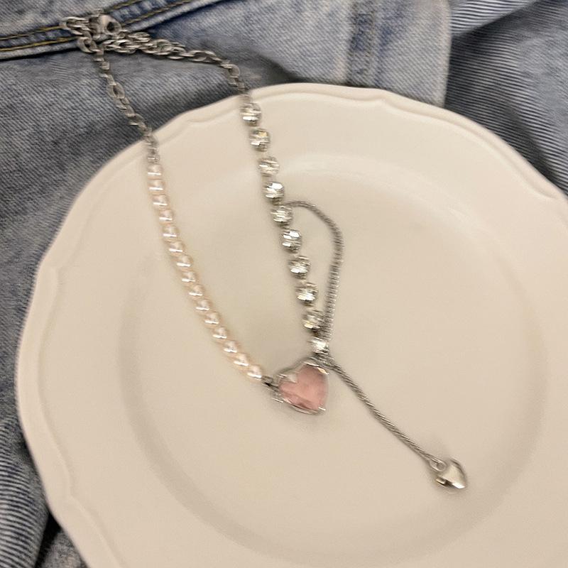 Корейское ожерелье с подвеской в виде сердца из жемчуга и циркония для женщин и девочек, колье с цепочкой в стиле панк, асимметричное ожерелье с ключицей, эстетика Y2K