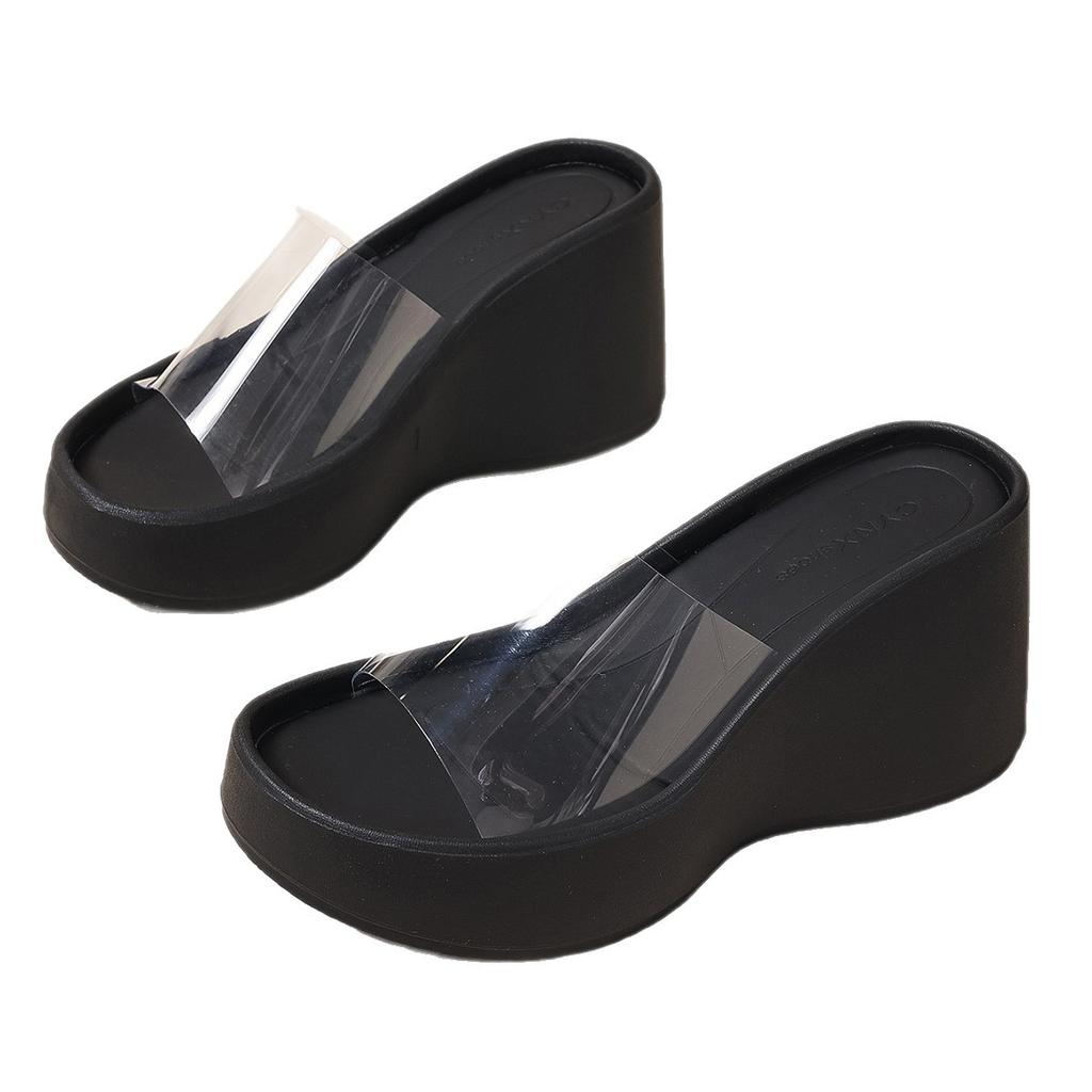 Transparent High-heeled Thick-soled One-word Slippers for Women's Outer Wear, New Summer Silver Heightened Slope Heel Beach Sandals