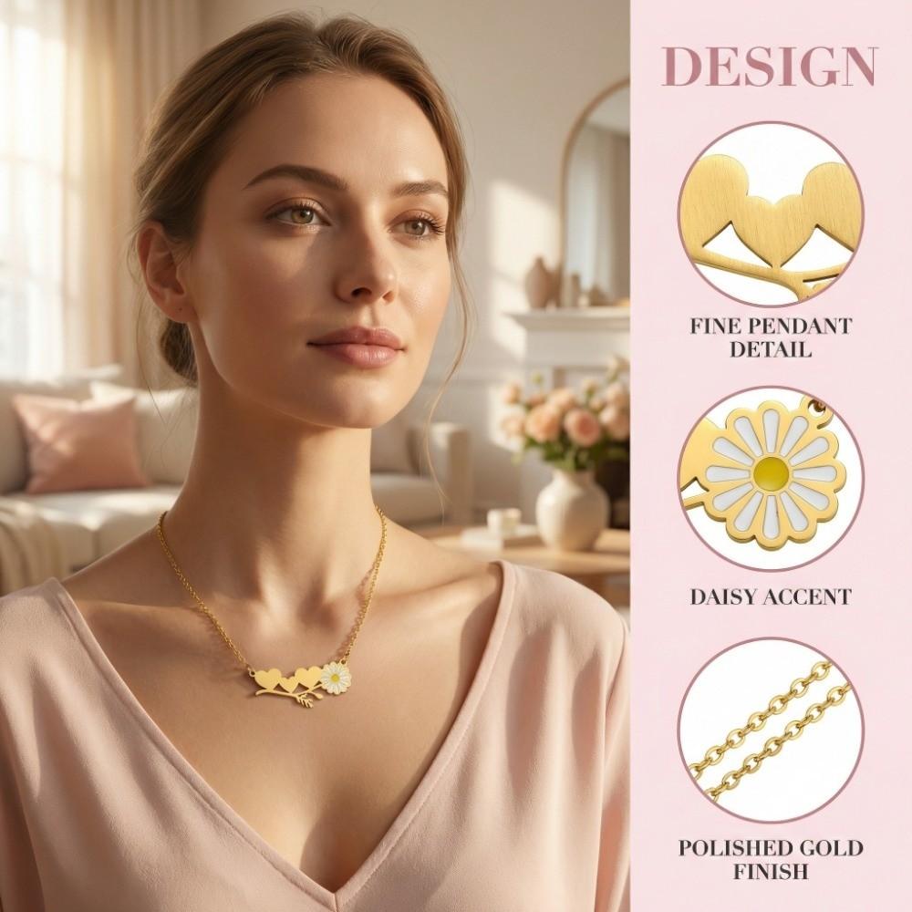 Gold Silver Heart Daisy Pendant Necklace Stainless Steel Heart Flower Necklace Couple