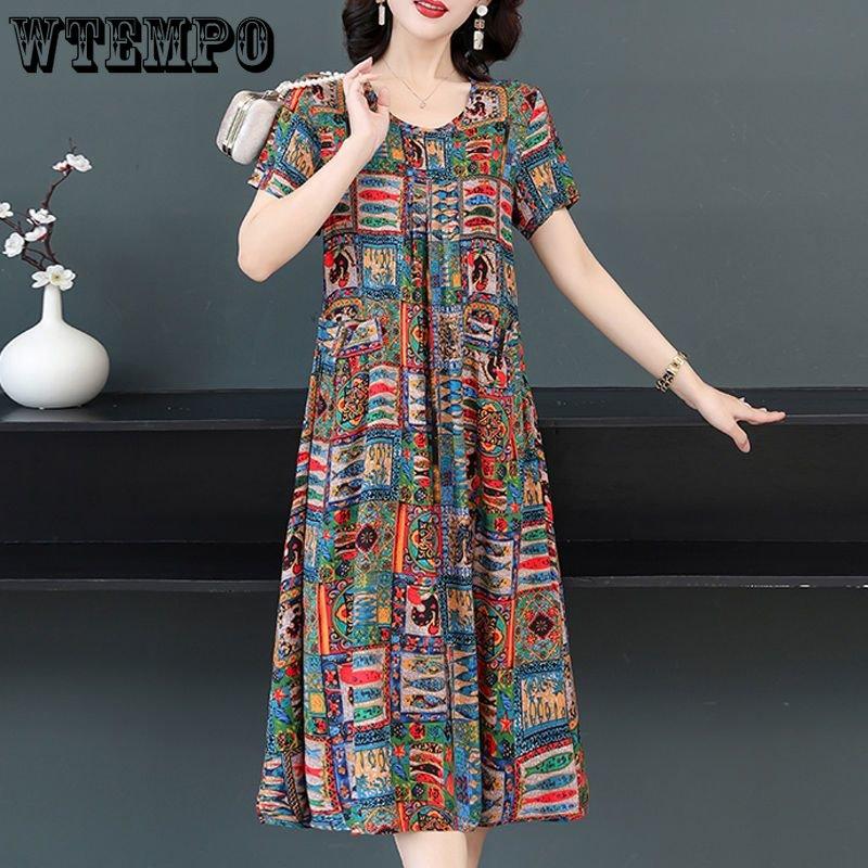 Женское летнее модное свободное хлопковое шелковое платье большого размера с короткими рукавами и цветочным принтом, темпераментные платья трапециевидной формы