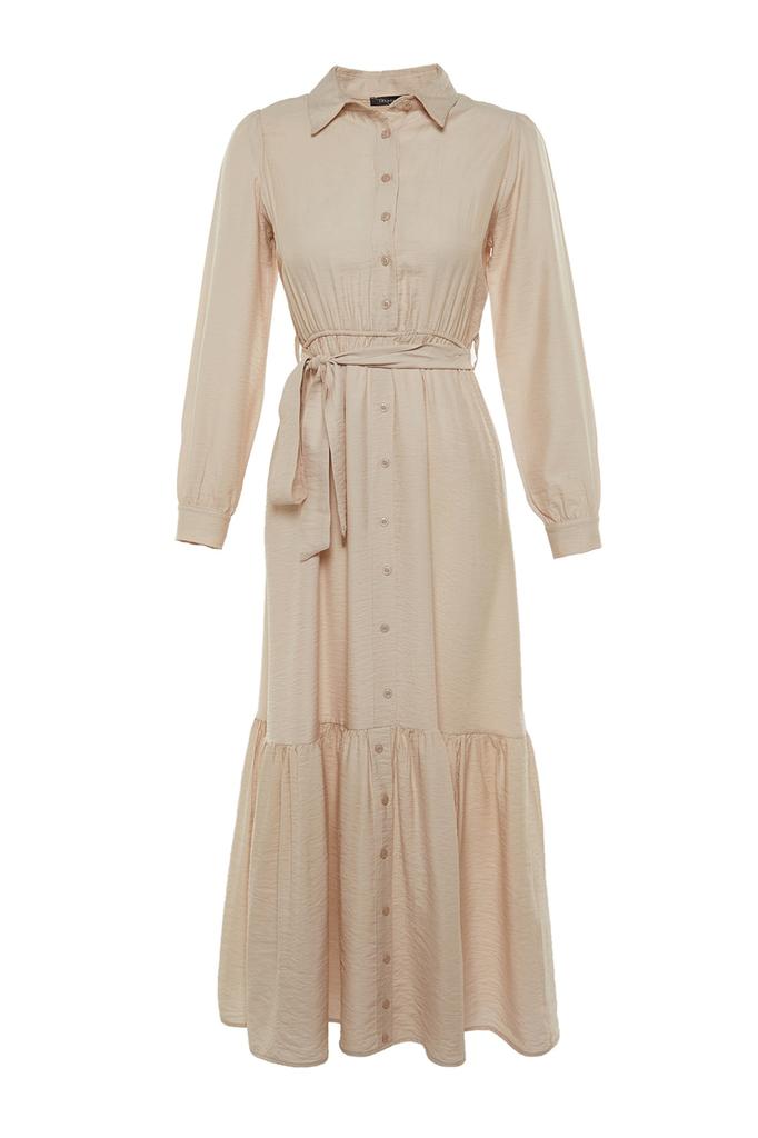 Women's Fashion New Hijab Dress Mink Belted Shoulder Detailed Skirt Flounced Woven Shirt Dress