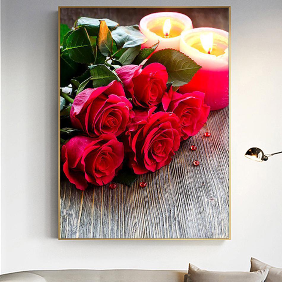 5D Алмазная картина Fulldrill Rhinestone Ручная работа Рукоделие Роза и свечи Картинки Алмазная вышивка